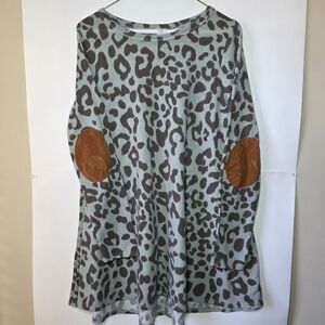 Green Leopard Print Long Sleeve Tunic Top with Elbow Patches Women L